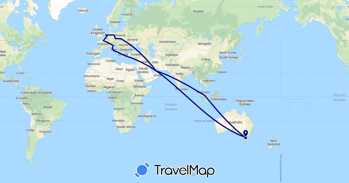 TravelMap itinerary: driving in United Arab Emirates, Australia, Czech Republic, Germany, France, Greece, Italy, Netherlands, Poland, Singapore (Asia, Europe, Oceania)